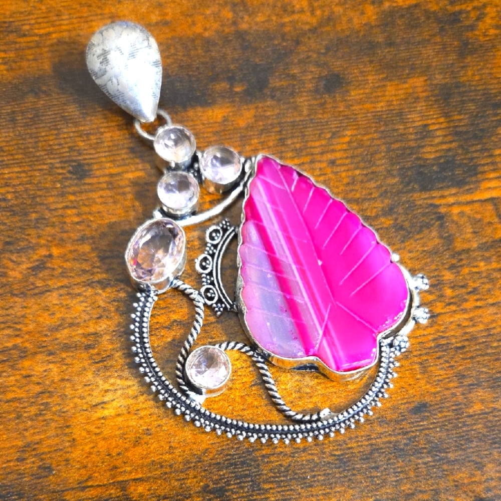 925 Silver Plated Carved Pink Agate & Rose Quartz Pendant